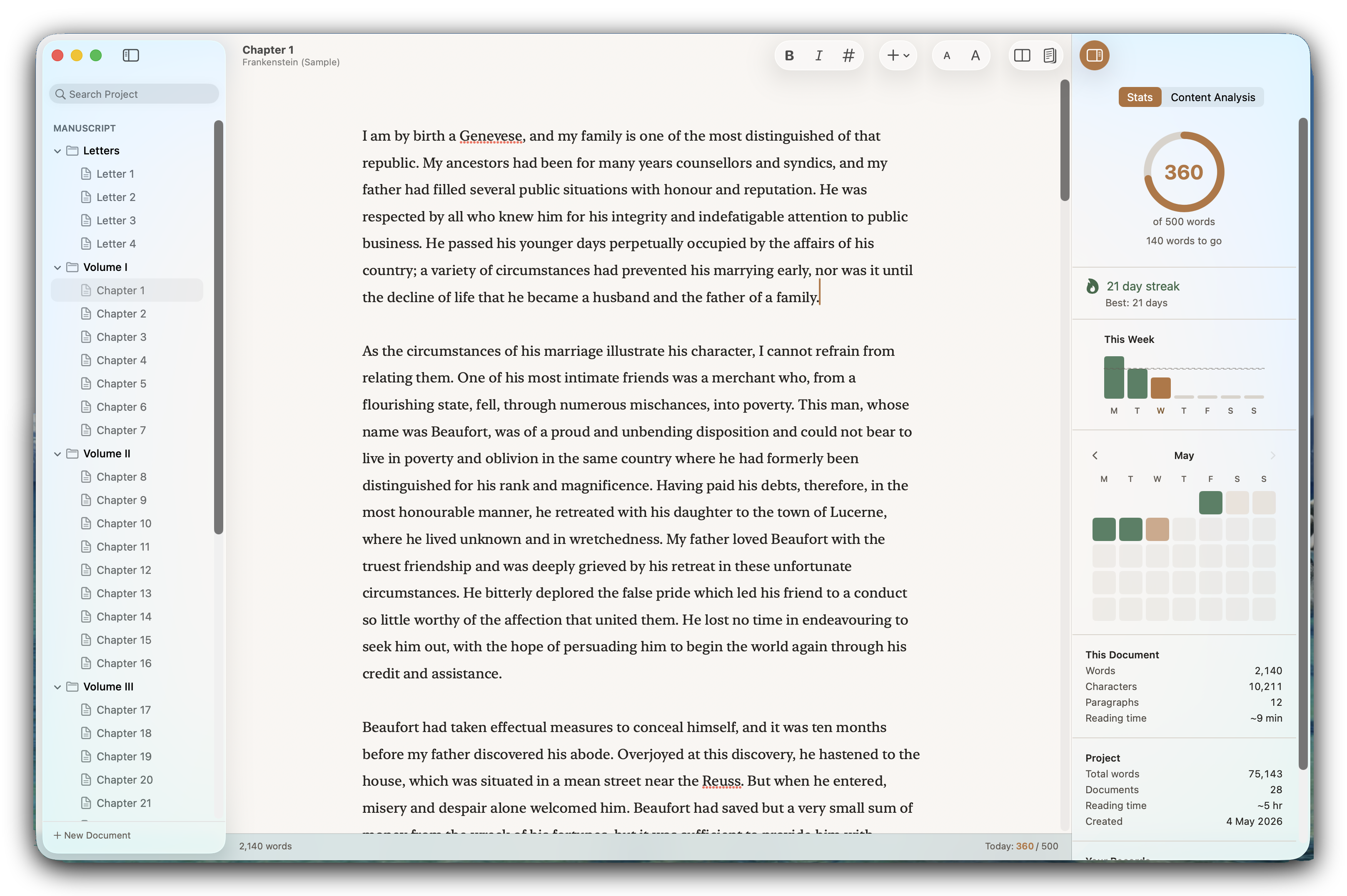 Write 500 Words editing the opening of a novel, with the manuscript outline on the left and the daily writing ring on the right showing 360 of 500 words and a 21-day streak.