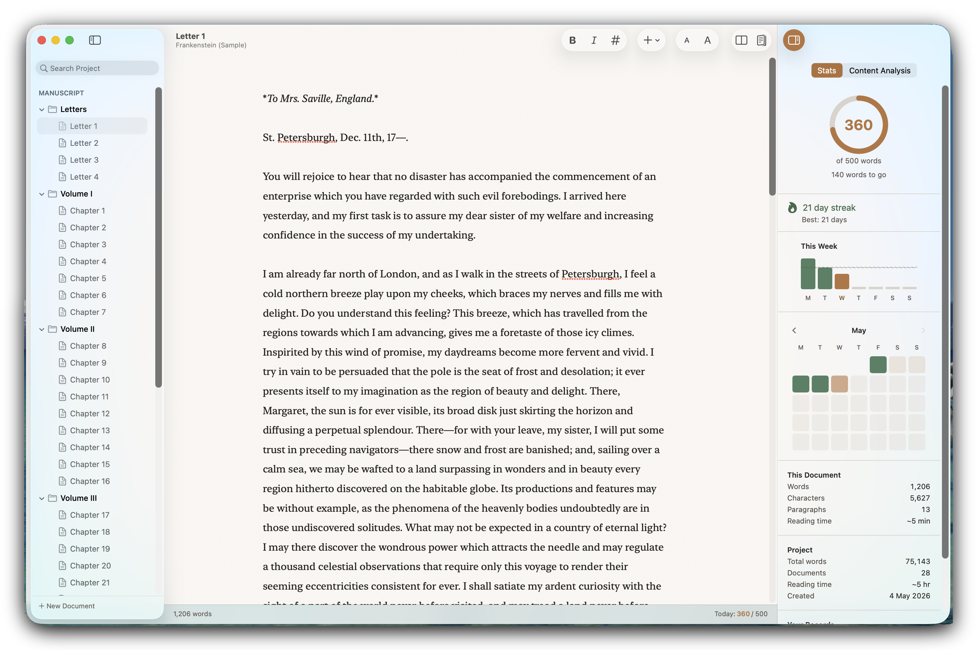 Write 500 Words editing the opening of a chapter, with markdown rendered as styled prose and the manuscript outline in the sidebar.