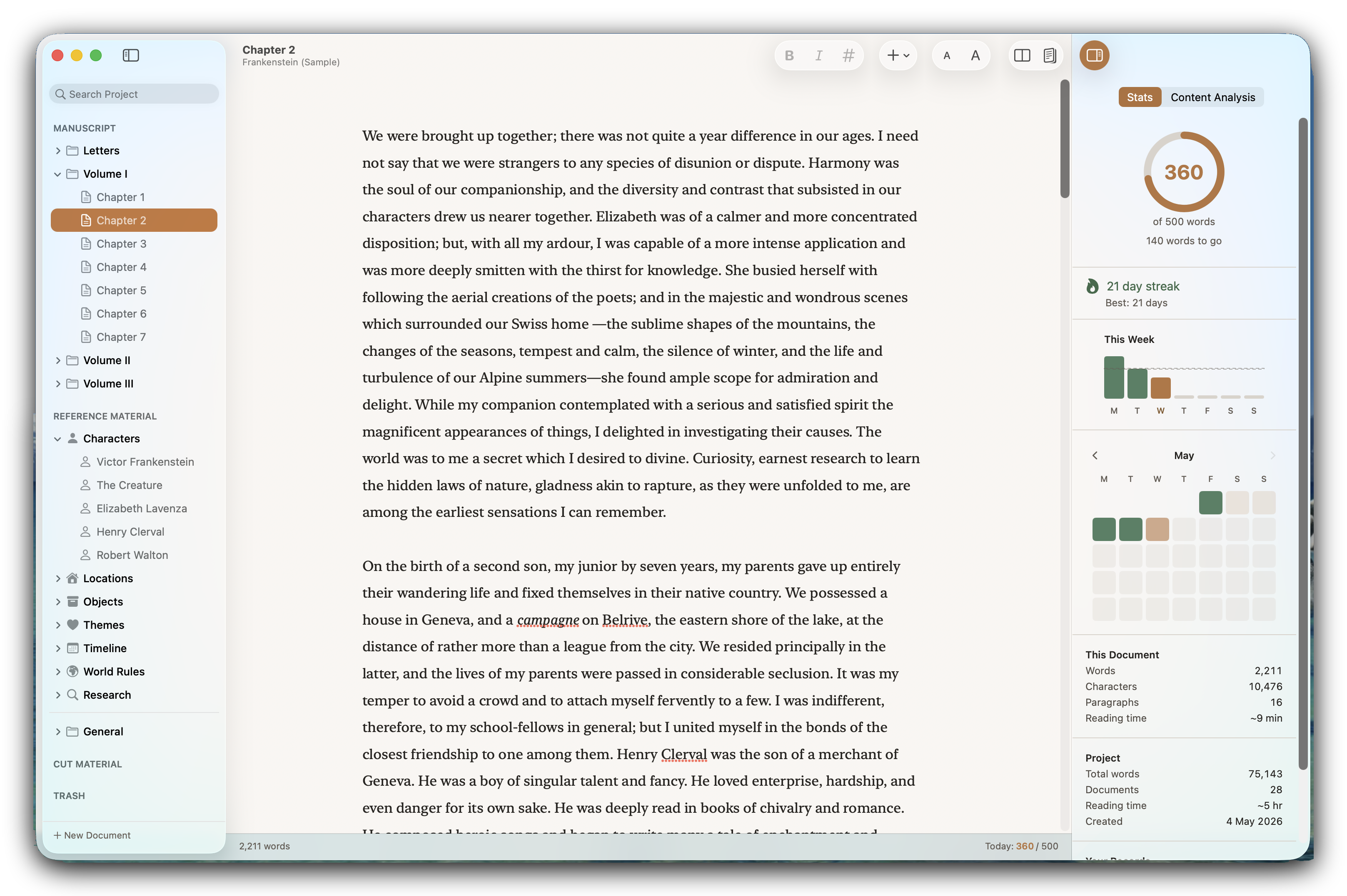 The sidebar showing a project structured into Letters, Volume I, II, and III, with character notes, locations, themes, timeline and research grouped under Reference Material below.