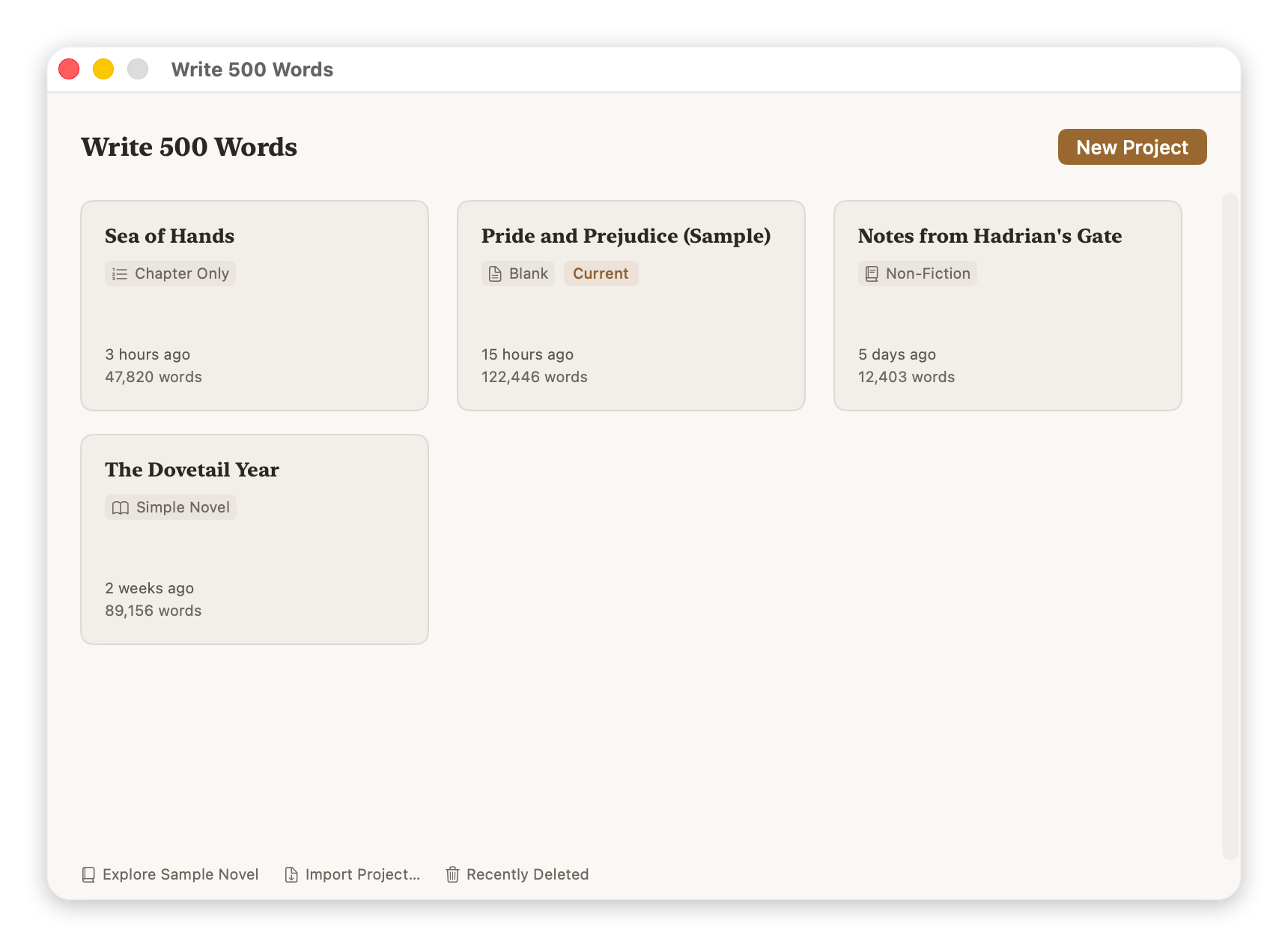 The Project Library showing four sample books (Sea of Hands, Pride and Prejudice, Notes from Hadrian's Gate, and The Dovetail Year), each with their template, last-edited date, and word count.