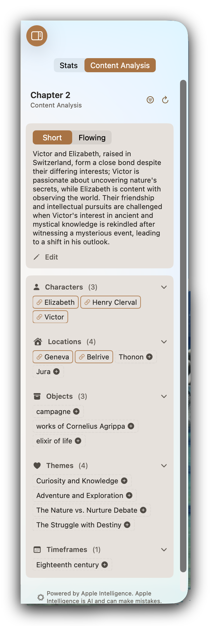 The Content Analysis panel for a chapter: a short synopsis at the top, with the characters, locations, objects, themes, and timeframes the chapter mentions listed below.
