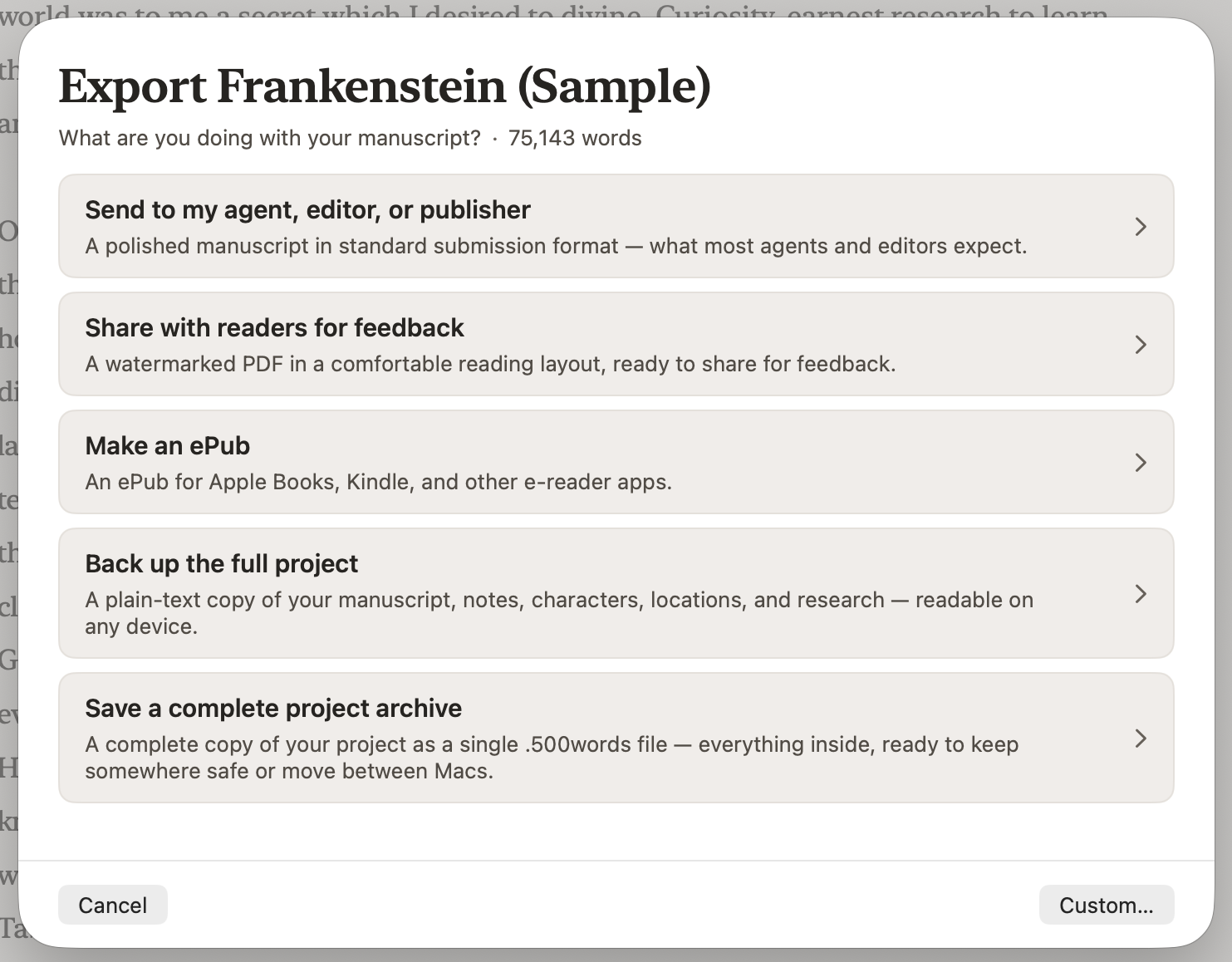 The export wizard's first screen, asking what the manuscript is for: send to an agent or editor, share with readers, make an ePub, back up the project, or save a complete archive.