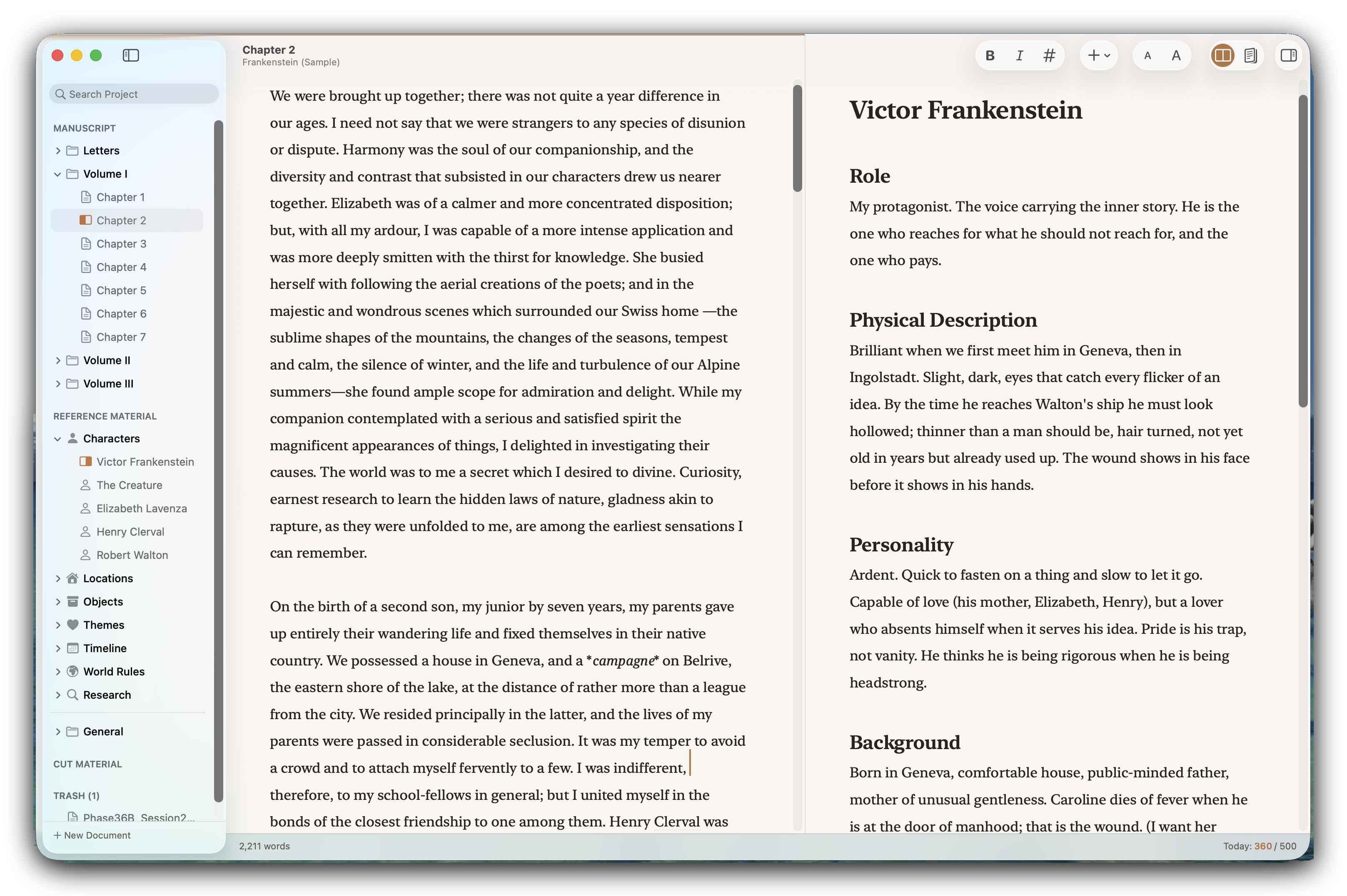 The split editor with a chapter on the left and a character profile for Victor Frankenstein on the right, showing role, physical description, personality and background.