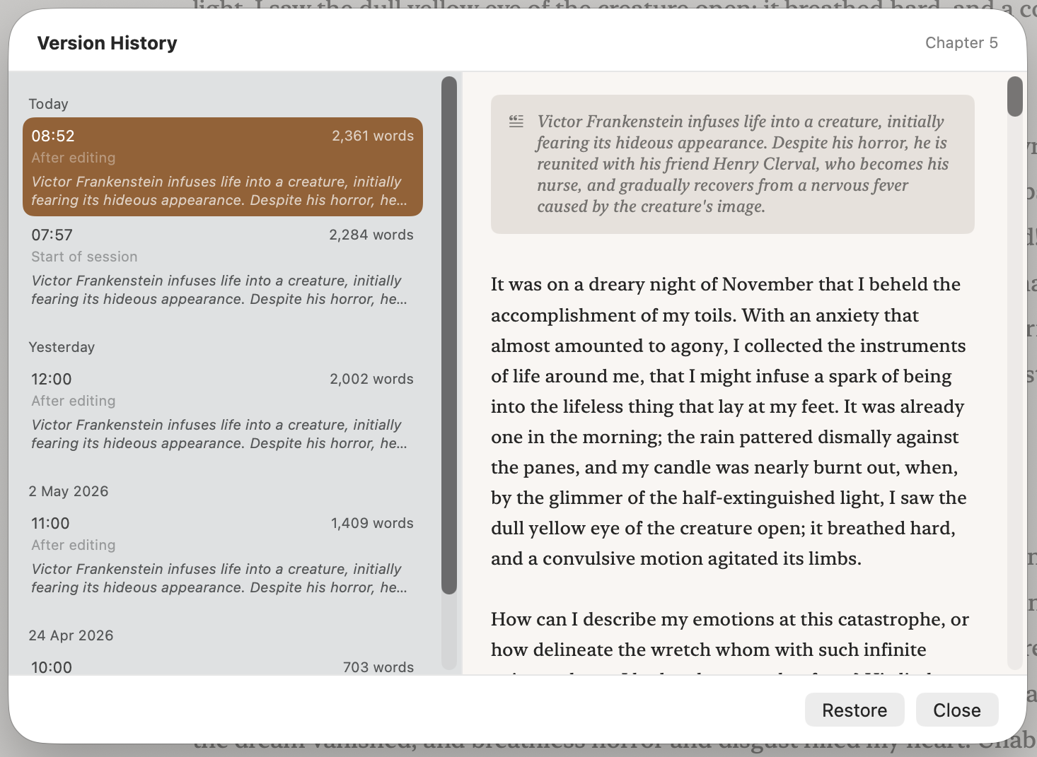 The Version History panel showing automatic versions of a chapter from today, yesterday, and earlier dates, each with its word count and a synopsis of what that version contained.