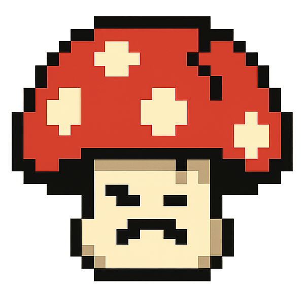 A pixel art mushroom character with a red spotted cap and a frowning face.